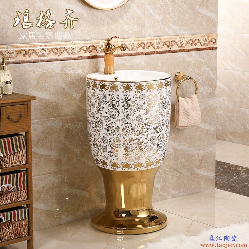 欧式金色小柱盆立式落地式陶瓷银色立柱盆洗脸盆艺术洗手台盆一体