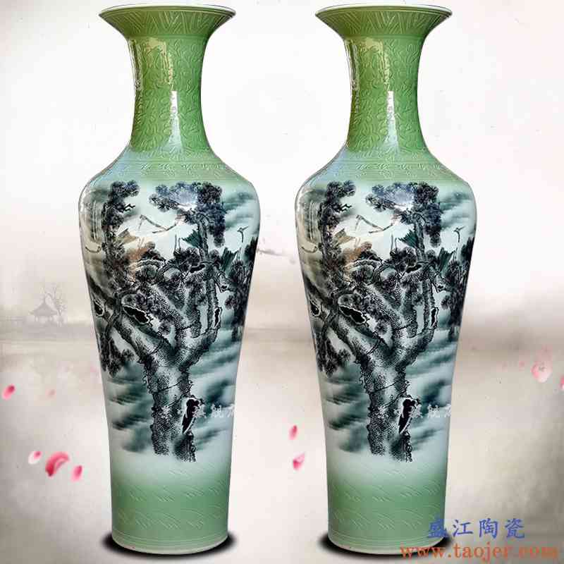松鹤延年墨彩大花瓶景德镇陶瓷器家居客厅书房落地摆件中式饰品