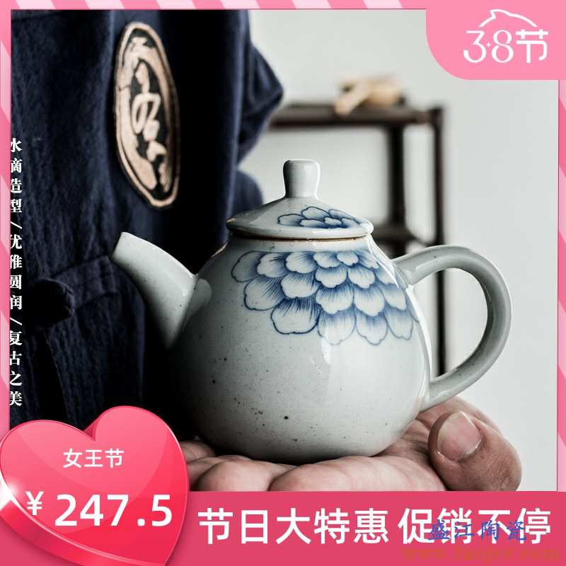 聚景景德镇仿古青花牡丹茶壶手绘茶壶功夫茶壶手工粗陶壶泡茶壶