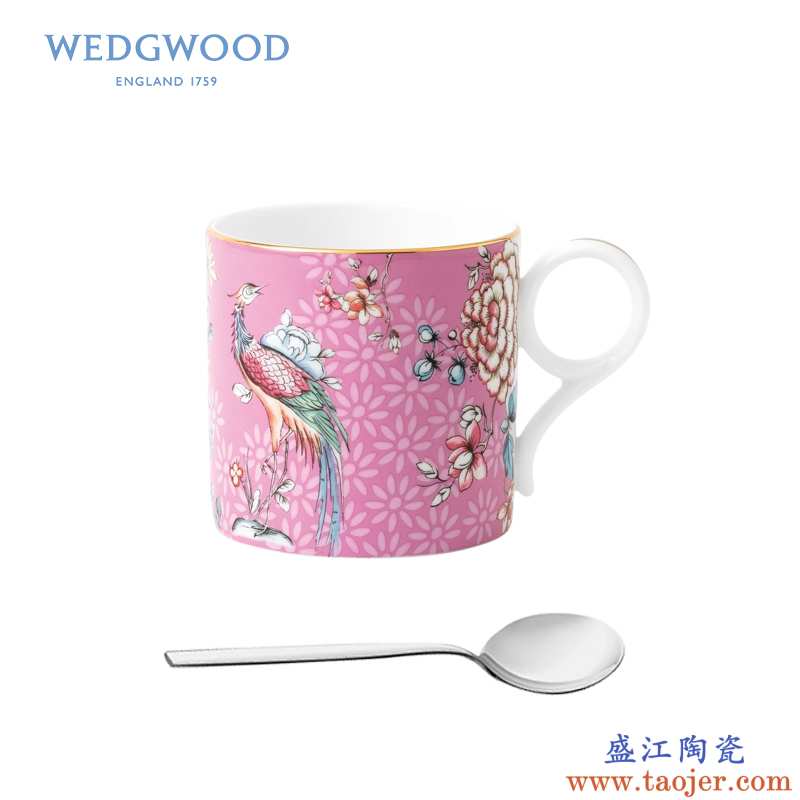 英国Wedgwood 漫游美境粉色凤凰骨瓷马克杯+WMF勺 家用水杯咖啡杯